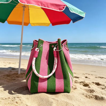 🏆👜 Limitowana wyprzedaż: 50% ZNIŻKI 🌴 Boho w paski dzianinowa torba wiadro dla kobiet – ręcznie robiona letnia plażowa torba na ramię