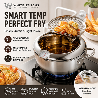 🍤 PROMOCJA LIMITOWANA – 50% ZNIŻKI! ⚡ Garnek do smażenia tempury ze stali nierdzewnej 201 – z termometrem, stojakiem do odsączania, głębokim korpusem ✨