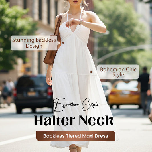 💞Długa sukienka maxi typu halter z odsłoniętymi plecami i warstwową spódnicą
