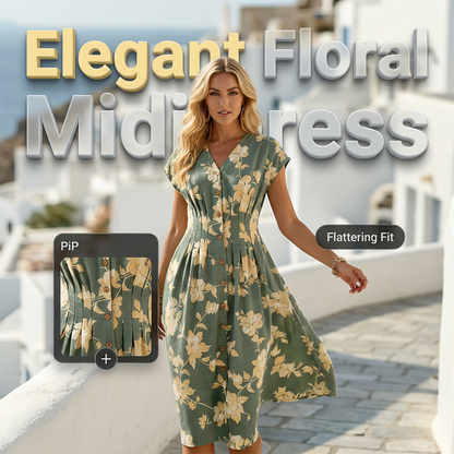 ❤️ Damska sukienka o średniej długości z dekoltem w serek, w kwiatowy wzór, zapinana na guziki