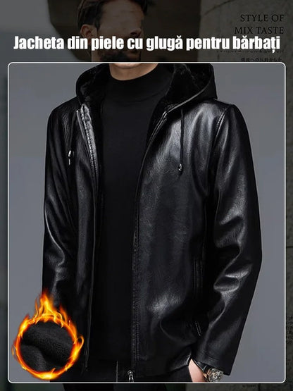 Hooded leather jacket for men